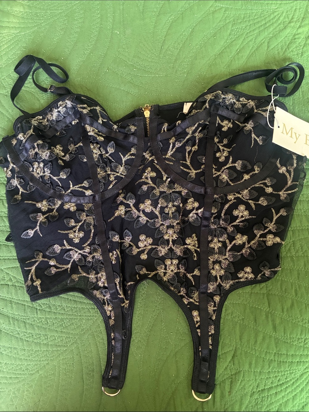 Black Embroidered Bustier with Gold Floral Accents